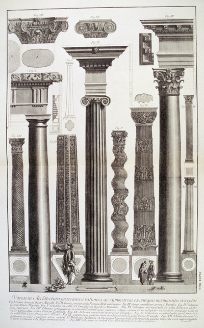 Plate CI-II Variations in Greek Architecture depicting a table of columns from monuments of antiquity from 